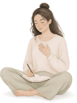 Ilustração de uma mulher sentada escrevendo em um caderno