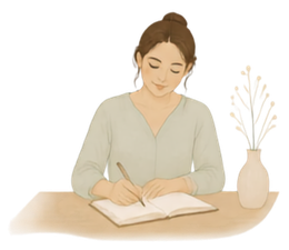 Ilustração de uma mulher escrevendo em um caderno sobre uma mesa